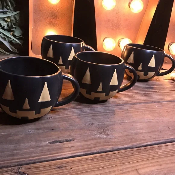 Pottery Barn Black Jack O'Lantern Pumpkin Stoneware Mugs - Set of 4 🎃 - Picture 2 of 16